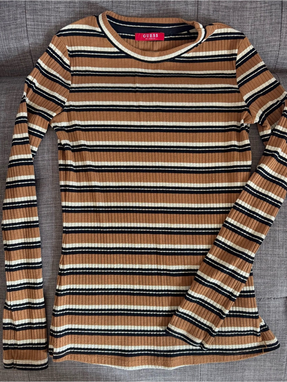 GUESS Striped Ribbed Long-Sleeve Top in Tan, Black & Cream